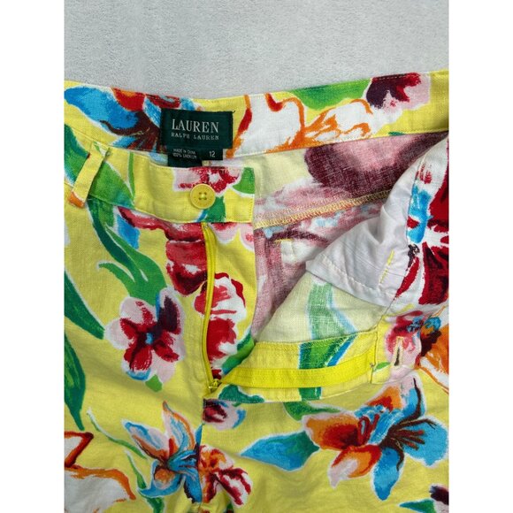 Ralph Lauren Pants Womens 12 Yellow Tropical Floral Pattern Linen Ankle - Picture 3 of 7